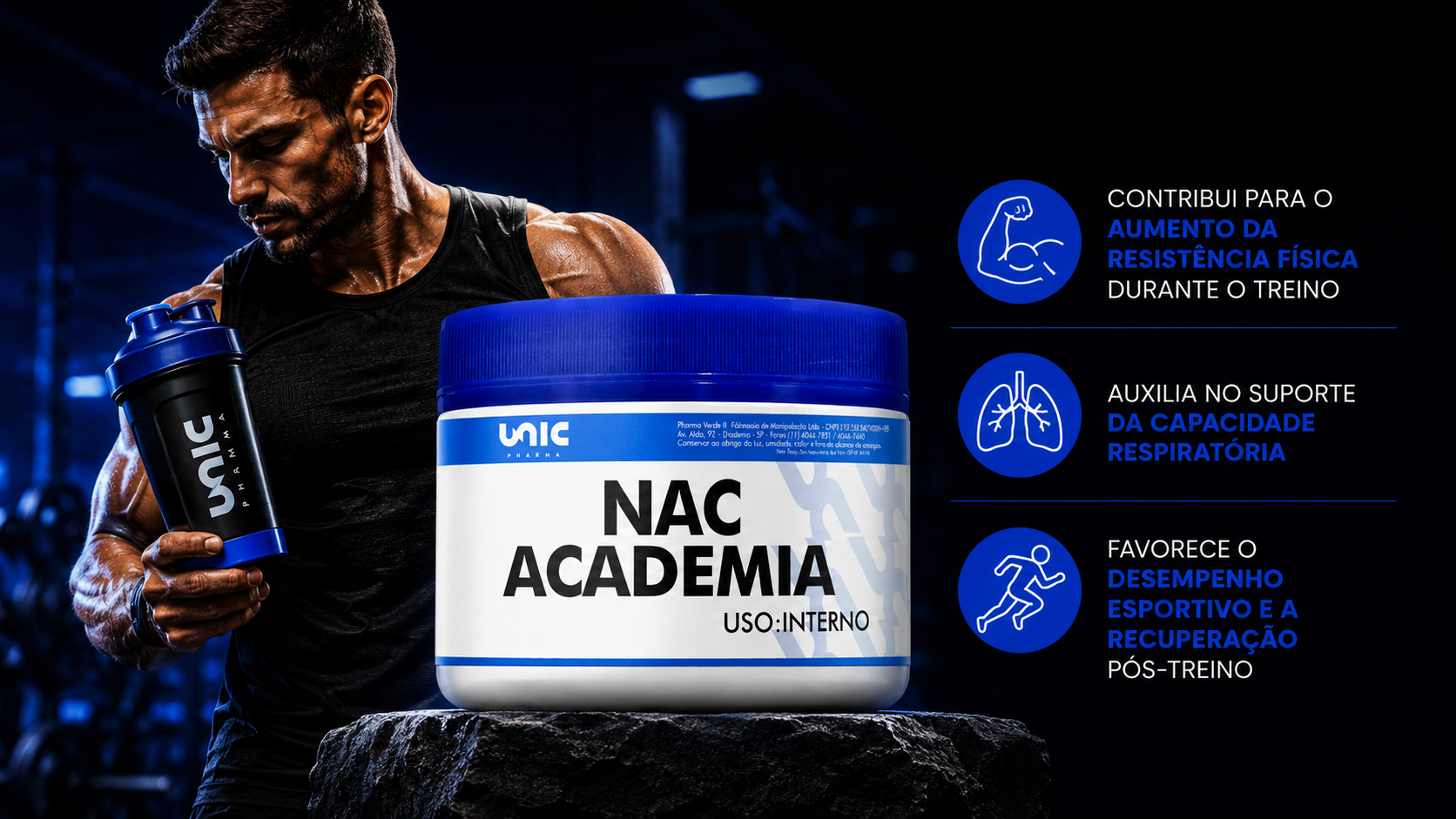 NAC Academia suplemento para resistência física desempenho esportivo recuperação pós treino e suporte respiratório