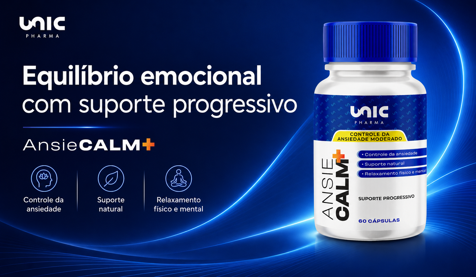 AnsieCalm Plus suplemento da UnicPharma para ansiedade moderada equilíbrio emocional e relaxamento