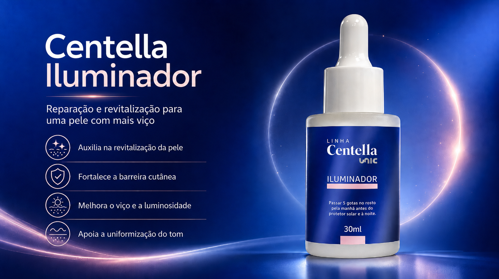 Centella Iluminador sérum facial da UnicPharma para viço luminosidade e revitalização da pele