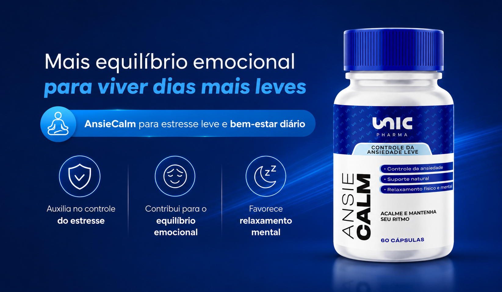 AnsieCalm suplemento da UnicPharma para estresse leve equilíbrio emocional e relaxamento mental