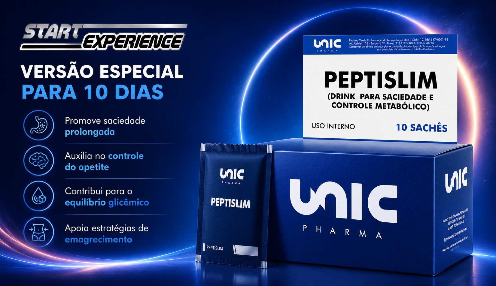 Peptislim Start Experience 10 sachês da UnicPharma para saciedade controle do apetite e equilíbrio metabólico