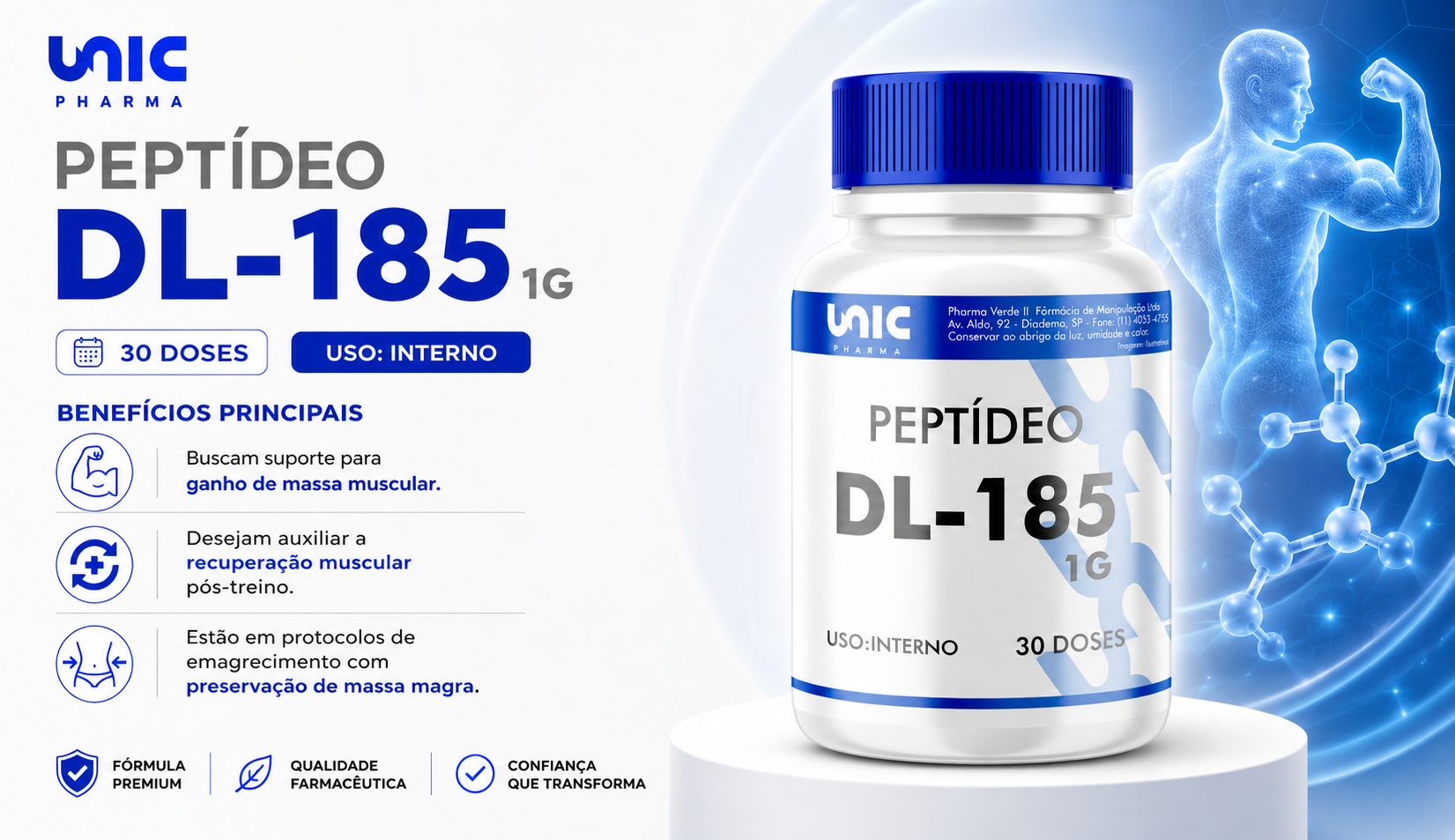 PEPTÍDEO DL-185 1g 30 doses da Unic Pharma para suporte ao ganho de massa muscular, força e recuperação pós-treino.