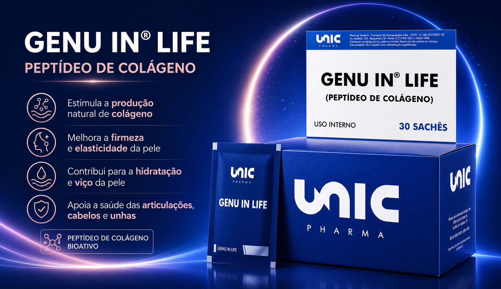 Genu-In Life peptídeos de colágeno 360 graus da UnicPharma para firmeza elasticidade e sustentação da pele