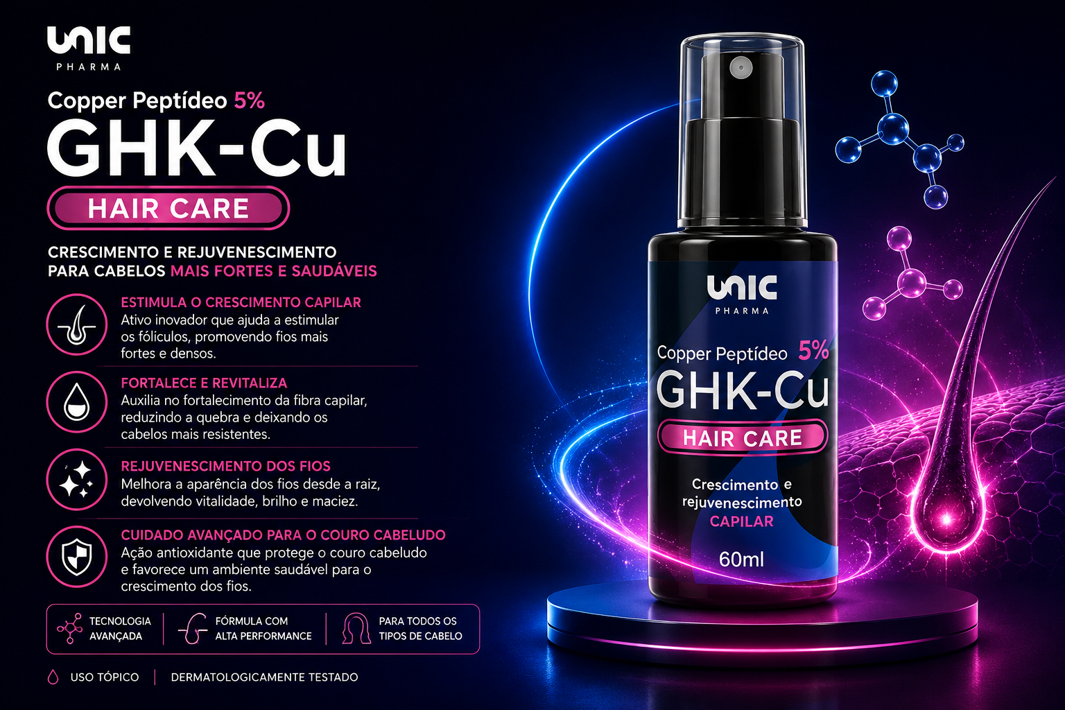GHK-Cu HairCare Copper Peptídeos 5% spray capilar da UnicPharma para crescimento dos fios fortalecimento da raiz e densidade capilar