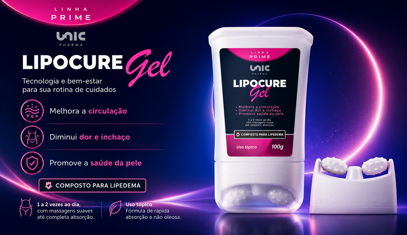 Lipocure em Gel para lipedema da Unic Pharma com ativos para suporte à microcirculação e conforto da pele