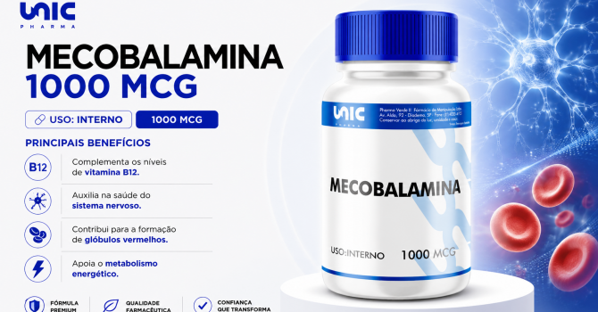 Frasco Do Suplemento Mecobalamina – Forma Ativa Da Vitamina B12 60 Cápsulas Da Unic Pharma Para Suporte Ao Sistema Nervoso, Metabolismo Energético E Formação De Glóbulos Vermelhos.