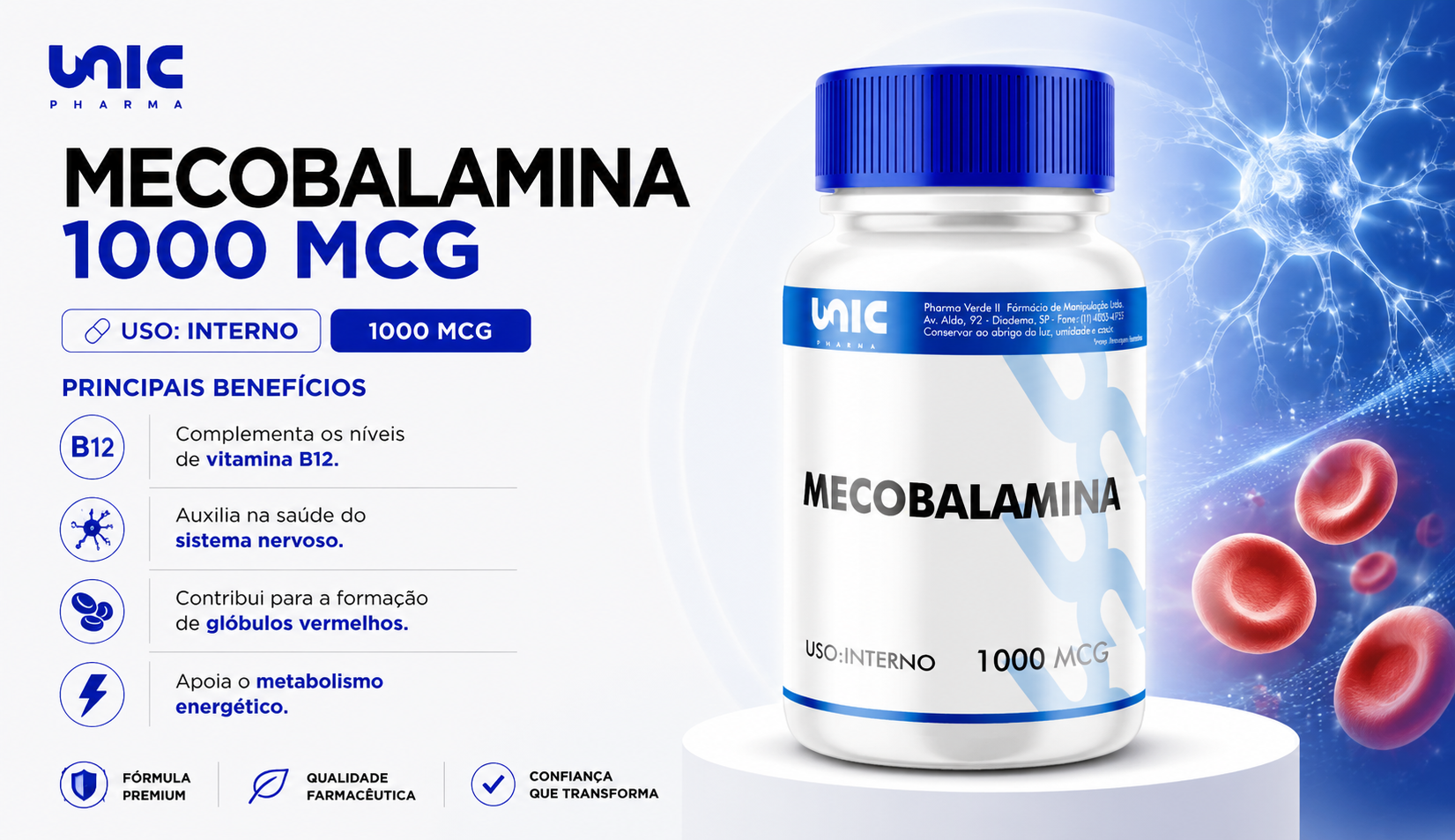 Frasco do suplemento Mecobalamina – Forma ativa da vitamina B12 60 cápsulas da Unic Pharma para suporte ao sistema nervoso, metabolismo energético e formação de glóbulos vermelhos.