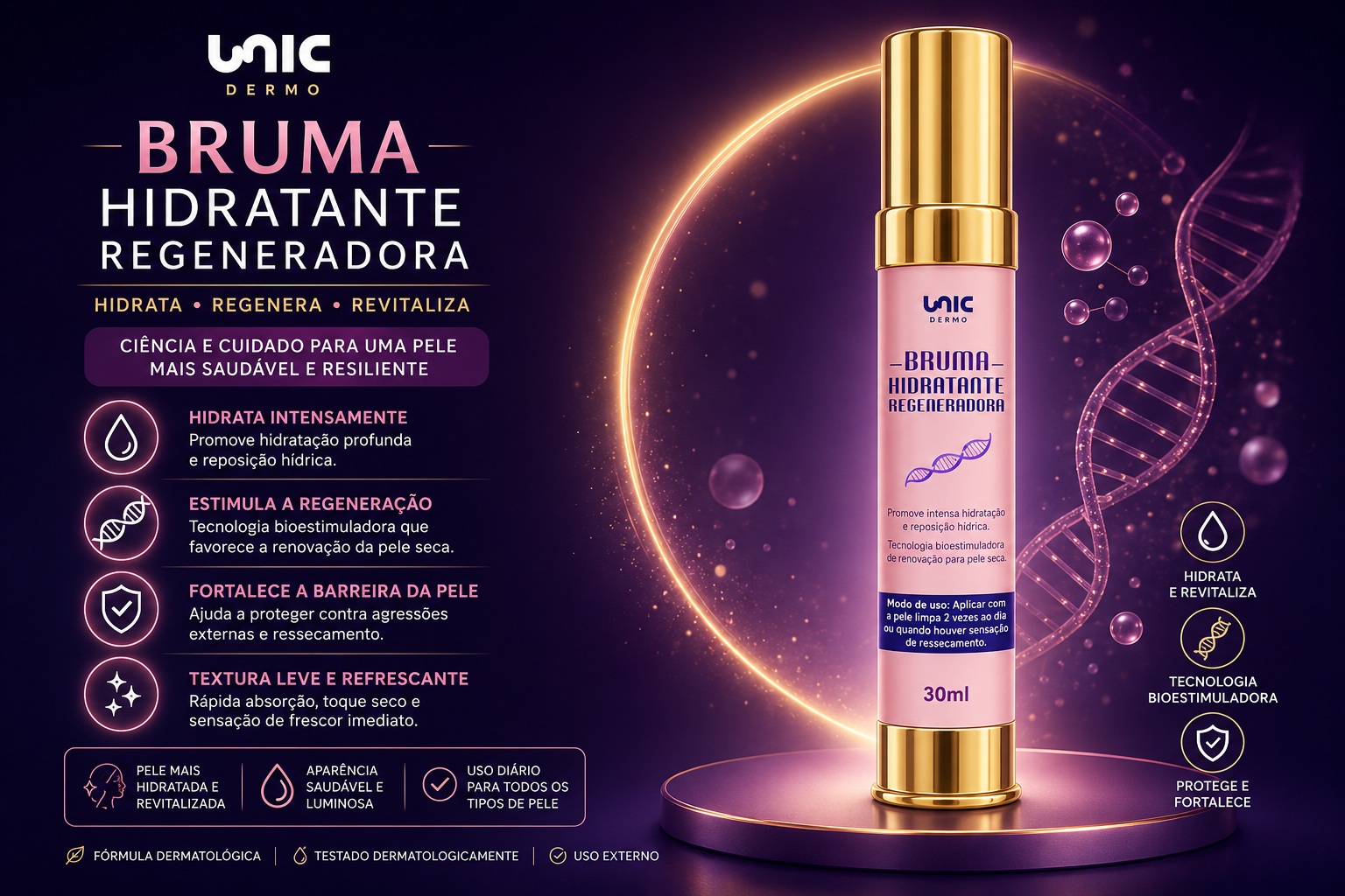 Bruma Hidratante Regeneradora 30ml da UnicPharma para hidratação refrescância e proteção da pele contra o ressecamento