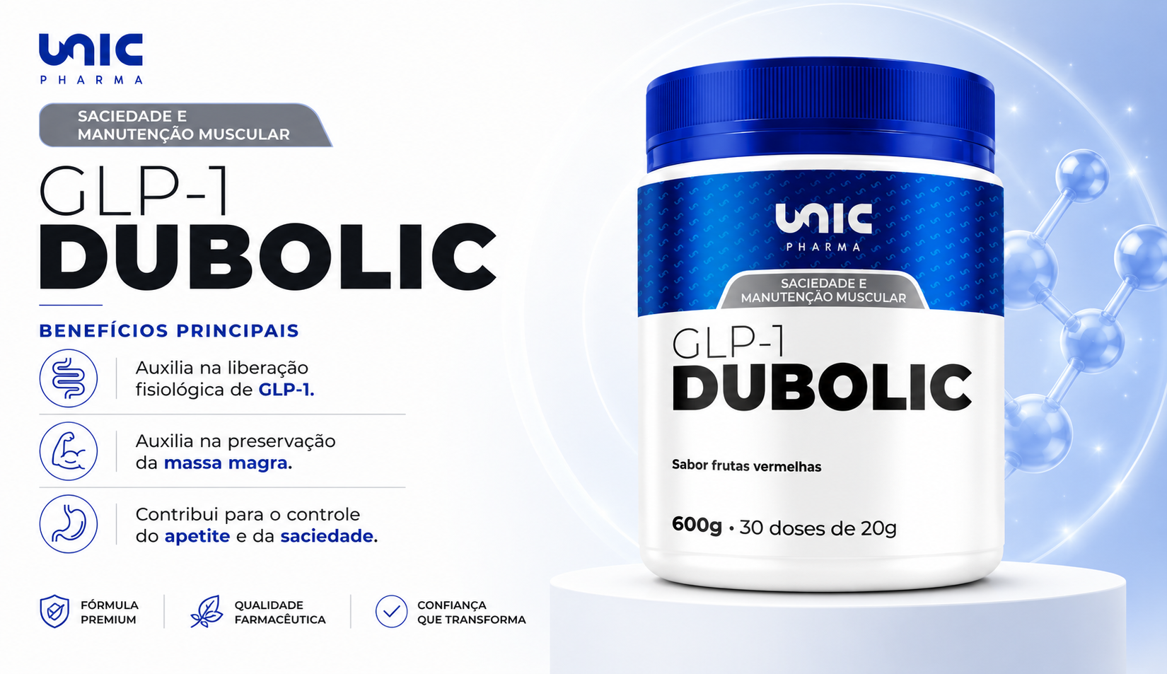 GLP-1 Dubolic 600g da UnicPharma para saciedade, controle do apetite, saúde intestinal e manutenção da massa muscular.