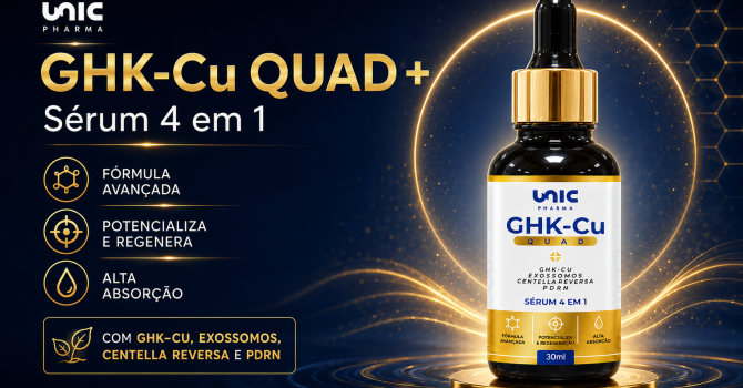 GHK-Cu Quad Sérum 4 Em 1 Da Unic Pharma Com GHK-Cu, PDRN, Exossomos E Centella Reversa Para Regeneração, Hidratação E Firmeza Da Pele.