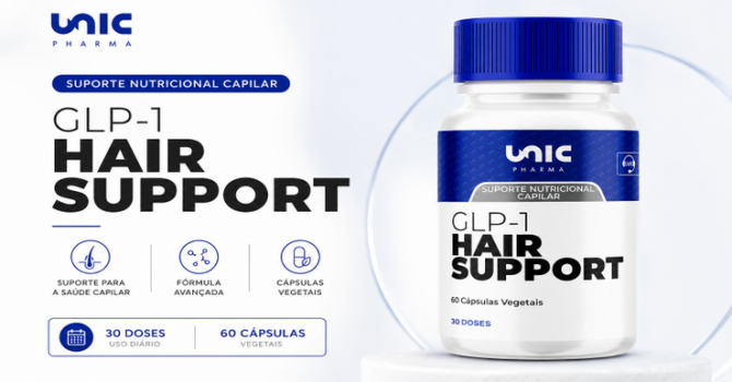 Banner Do GLP-1 Hair Support 30 Doses Da Unic Pharma, Suplemento Desenvolvido Para Oferecer Suporte Nutricional à Saúde Capilar Durante O Emagrecimento Acelerado E O Uso De Agonistas De GLP-1, Auxiliando No Fortalecimento Dos Fios E Na Redução Da Queda Capilar.