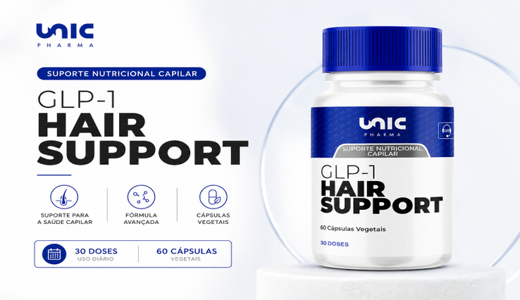 Banner do GLP-1 Hair Support 30 doses da Unic Pharma, suplemento desenvolvido para oferecer suporte nutricional à saúde capilar durante o emagrecimento acelerado e o uso de agonistas de GLP-1, auxiliando no fortalecimento dos fios e na redução da queda capilar.