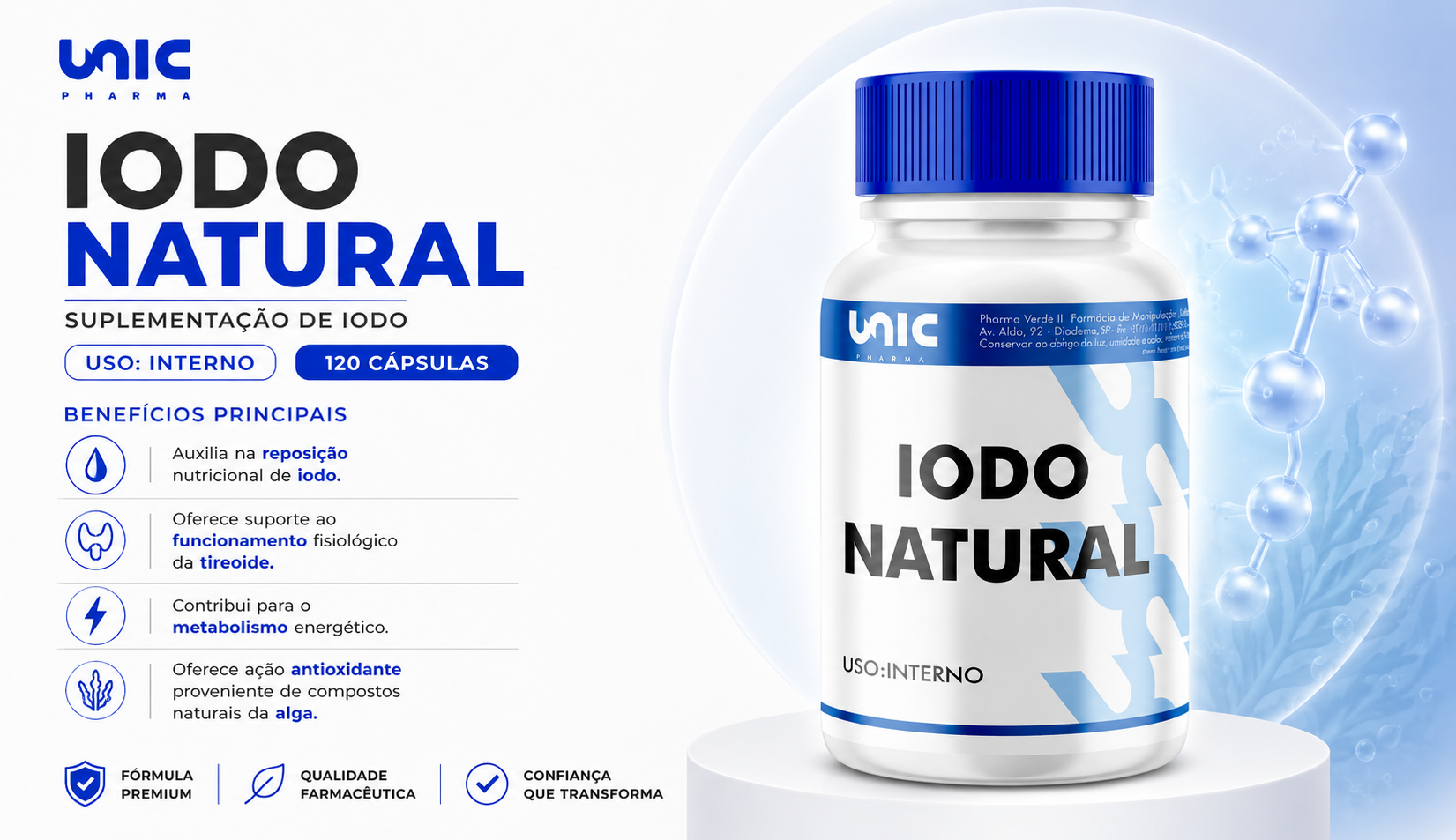 Iodo Natural 120 cápsulas da Unic Pharma com Fucus vesiculosus para suplementação de iodo e suporte à função fisiológica da tireoide