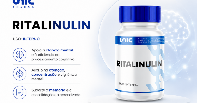 Banner Do Ritalinulin 30 Doses Da Unic Pharma, Suplemento Desenvolvido Para Oferecer Suporte Natural Ao Foco, Memória, Concentração E Desempenho Cognitivo, Auxiliando Na Clareza Mental E Na Produtividade Durante Estudos E Atividades Intelectuais.
