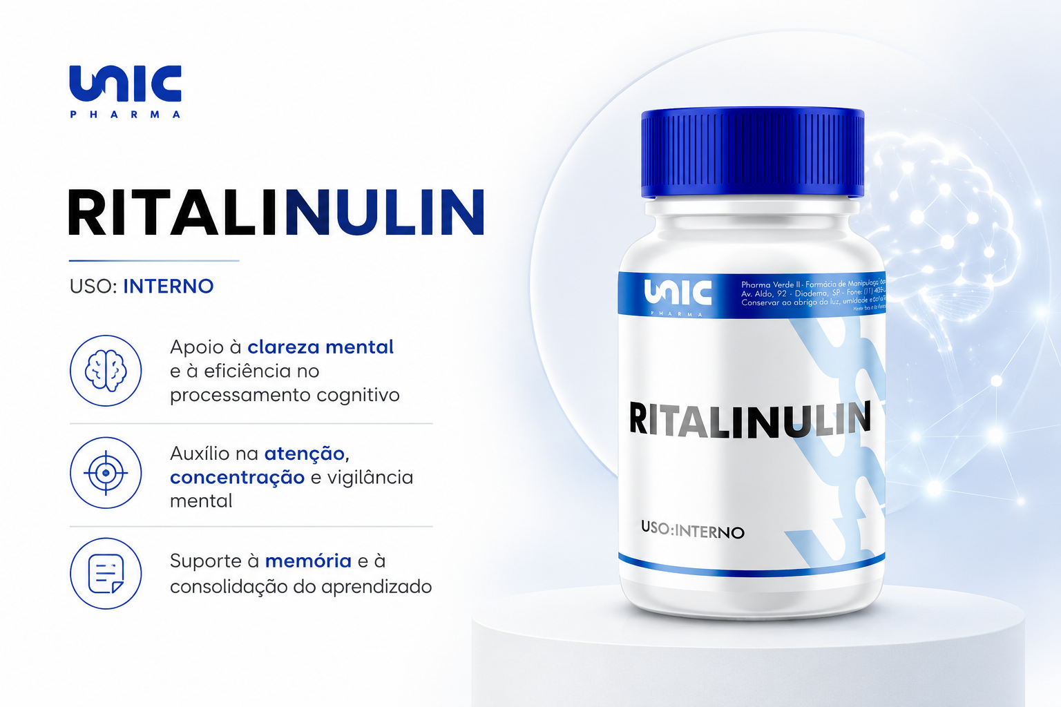 Banner do Ritalinulin 30 doses da Unic Pharma, suplemento desenvolvido para oferecer suporte natural ao foco, memória, concentração e desempenho cognitivo, auxiliando na clareza mental e na produtividade durante estudos e atividades intelectuais.