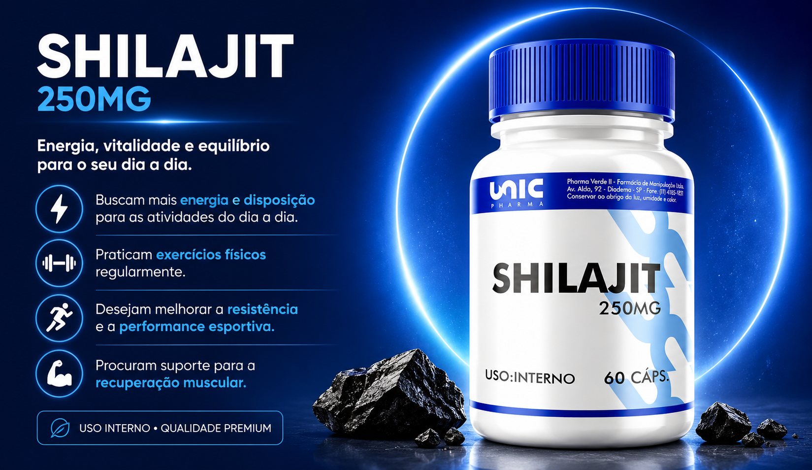 Shilajit 250mg 60 cápsulas da UnicPharma para energia, resistência física e recuperação muscular